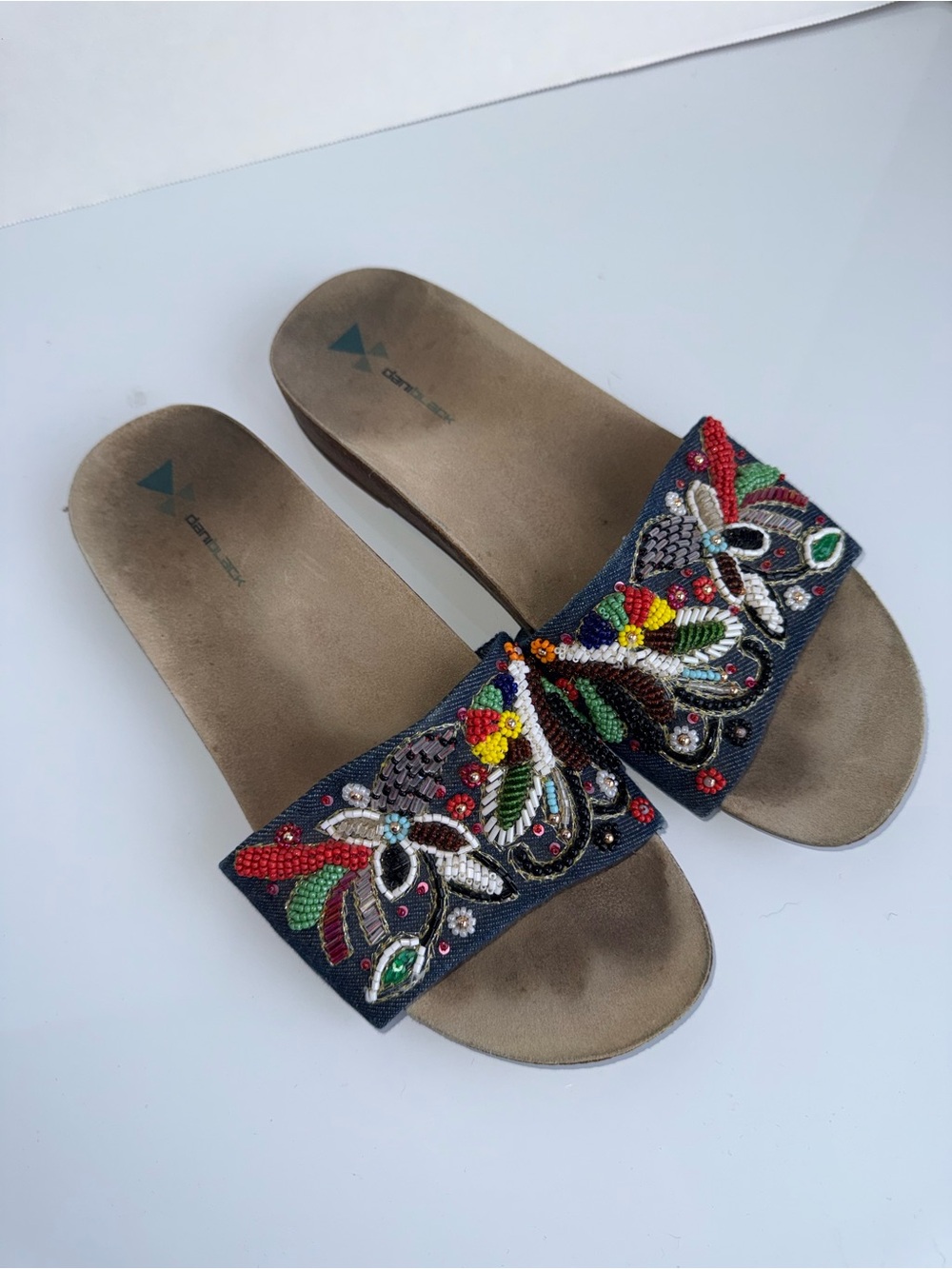 DANIBLACK Beaded Vacation Resortwear Denim Slide Sandal - Multicolor 9 - Picture 2 of 8